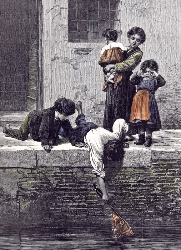 To The Rescue; L. Passini; 1878; Children, children rescuing a doll from the water; crying; river bank; mother; anxiety; anticipation; tension