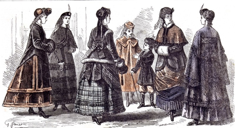 Paris Fasions For February; 1869; Janet; Child;, gathering; skirts; fashion; muff; walking stick; veil; overcoat; fur coat; ribbon; bow;