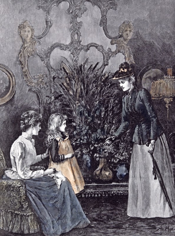 The New Governess; A. Hopkins; Child; 1892;, shy; anticipation; umbrella; skirt; black gloves; baroque interior; baroque decoration; pots; flowers; plants; mirror; sofa; handkerchief; hat; ovall silhouette; collar; under-sleeves; expectations; lad; gas lamp;