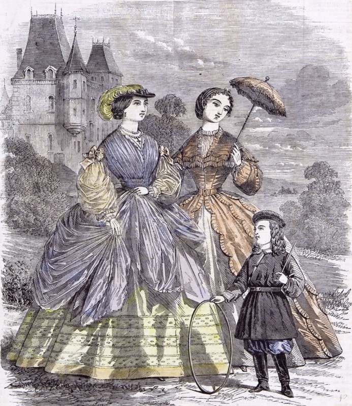 The Paris Fashions For June; Child; 1860; , parasol; full under-sleeves; tulle; child play; hat; castle;manor; tower; umbrella, appearance; play with a hoop; hoopstick; trees; clouds; velvet ribbon bow; gilt buckle; ostrich feather; chapeau; robe; embroidery; pagoda sleeves; festooned flauncing; ruching; silk; cross; crucifix; fancy costume; Russian style; round cap; narrow band; velvet; belt; gilt clasp; black leather boots;