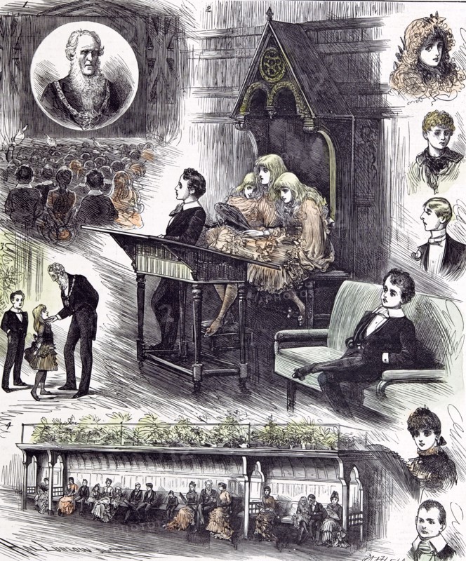 The mayor's  juvenile ball at the Manchester Townhall, 1882, happiness; joy; hat; happiness; joy; cheerful; joyful; joyous; merry; paradise; cheery; rosy; hop; mingle; reception; bal costume; laughter; fun; enjoyment; delight; entertaining; plants; bench;