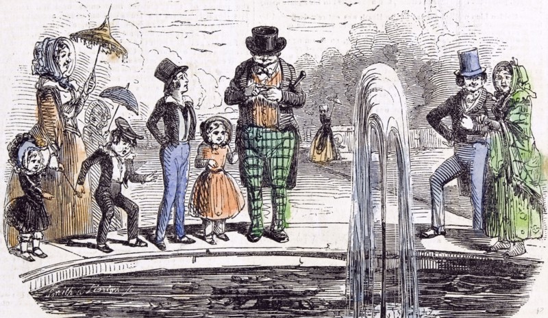 Holiday group in Hampton Court Gardens, London, 1843, holiday; fountain; break; vacation; long weekend; umbrella; fashion; fountain; water; park, town; pleasure garden; stroll in the park; family; happiness; people; couple; excursion;