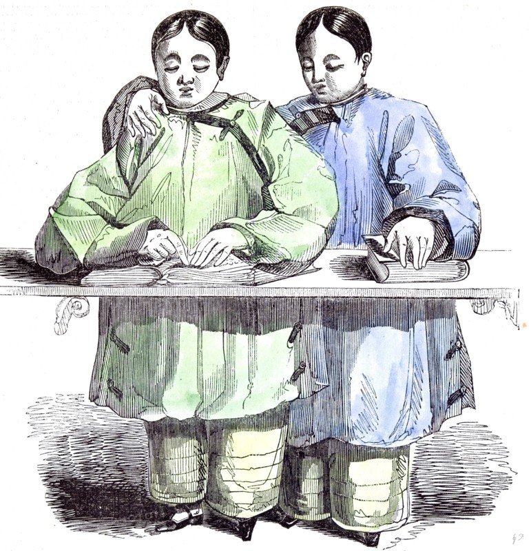 The blind chinese children, Agnes and Laura, reading the lesson, the invention of characters in relief; stenographic characters; britannic universal alphabet for the blind;