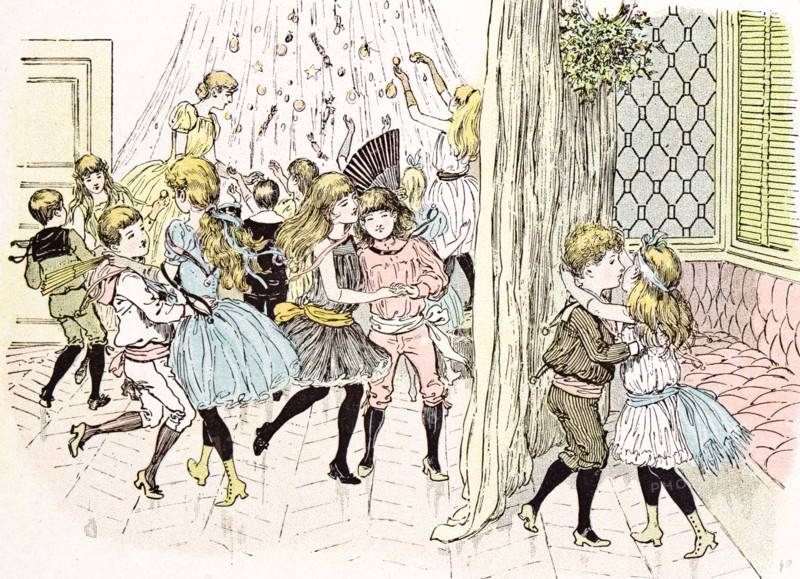 Children's affection in 1892 by Mars, kiss, interior; carnival; fancy ball; fun; joy; merry; merrymaking; embrace; dance; music; sound; smacker