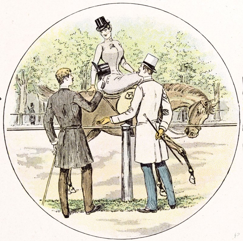 Lady on her horse in 1892, Britain, by Mars, horse riding; gentlemen; costume; fashion; hat; stick; clothing; outdoors; sport; romance; love; veil; top hat;