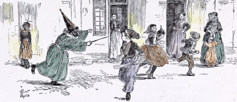 Some dresses at the children's carnival in 1892, fancy dress; fun; clown; merrymaking; merry; festival; entertainment; comedian; pierrot; picador; punch; punchinello; The ecstacy of fear; running, mothers; street; agitation; cowardice; angst; despair; jitters; panic; bravery, fearlessness
