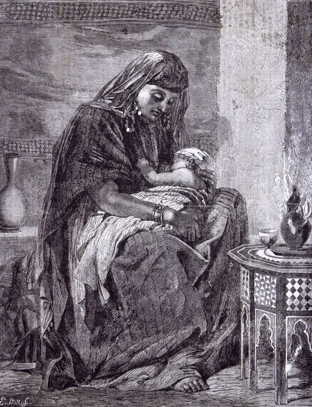 The first born baby by F. Goodall, 1862, young egyptian mother, egypt; costume of the east; Cairene mother; copt woman; from the christian or copt quarter of Cairo; long veil; black habbarah; earrings; dress with venetian sequins and other gold coins; the cap of the infant decorated with gold coins; inlaid coffee table; inlaid with ivory and mother of pearl; through the perforations of the metal vessel on the table the moke of burning perfume is escaping; common local custom of scenting apartments; divan; money constructed of a close framework of split bamboo;ma; mamma; mom; mommy; aroma; balm; bouquet; smell; fragrance; jewel; at peace; comfortable; quiet; satisfied; tranquil; serene; cozy; warm; delightful; happy; birthplace