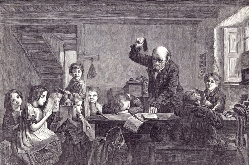 Caught napping by A.H. Burr; wake up; sleeping; reading; books; fear; fun; window; table; ink; fountain; learning; education; culture; knowledge; study; schooling; literacy; civilization; teaching, The School, the Pupils and the Teacher, 1866