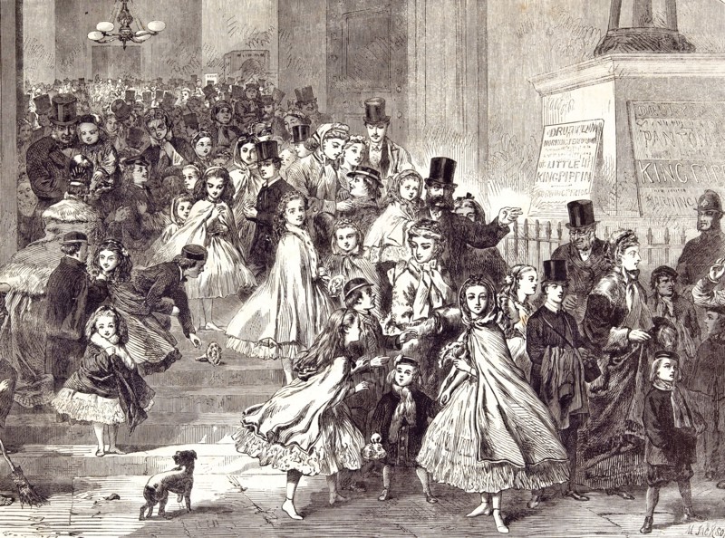 Children returning from the Christmas Pantomime, 1866, costume; dog; fancy dress; elegant; morning performance; amusement; holiday season; Drury-Lane Theatre; playhouse; audience; governesses; gratification; fresh; happy; delight; spectacle; delightful; cute; classy; appealing; lovely; wonderful; succes; triumph; little king pippin; crowd; delight; enjoyment; merriment; fun; pleasing; fun; entertainment; good time