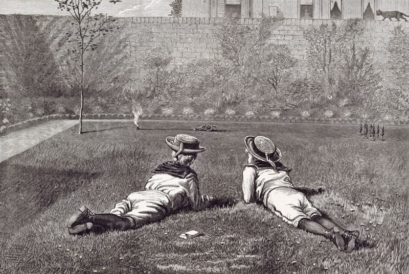 Our boys by Walter Severn, 1877, garden; wall, grass; hat; tin soldiers; tin gun; cat; scrubs; tree; matches; play; playing; war; smoke