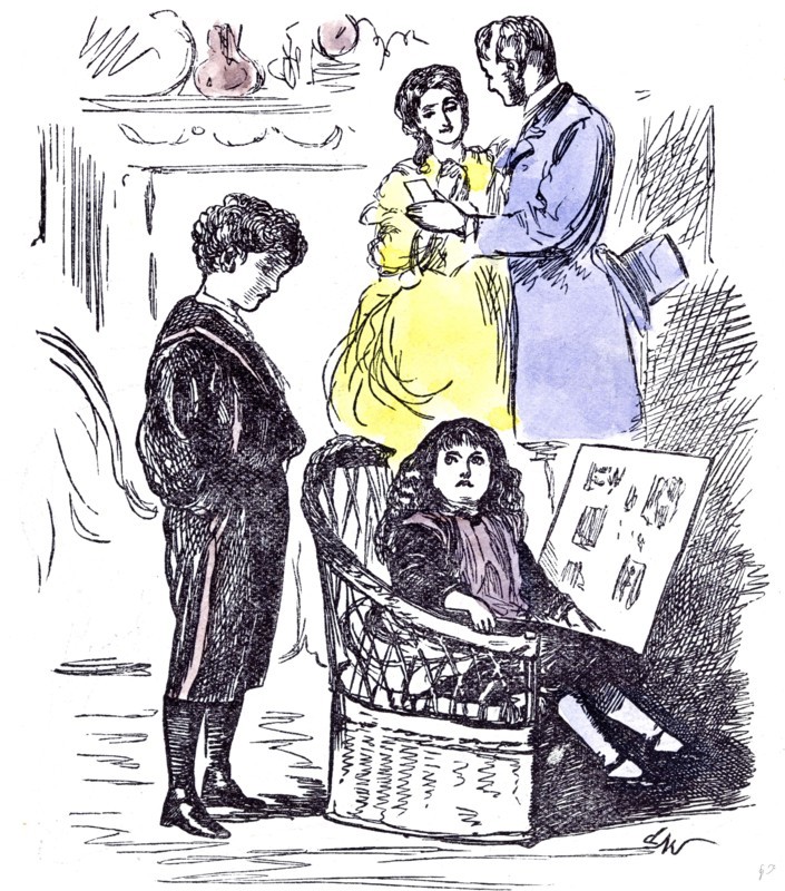 Girl reading at home, 1874, chair; parents; brother; sister; at home; room; interior; book