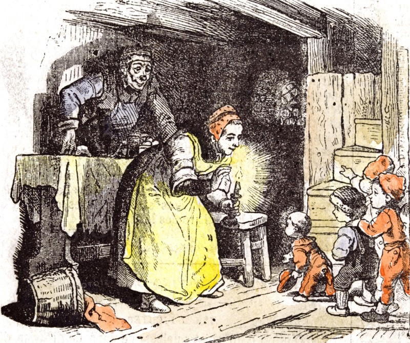 Telling a fairy tale, children, 1855, children, story; grandmother; at home; excitment; to bed; stairs; old man; family life; candle; table; basket; hamper; emotion; thrill; amusement; joy; love; warmth;