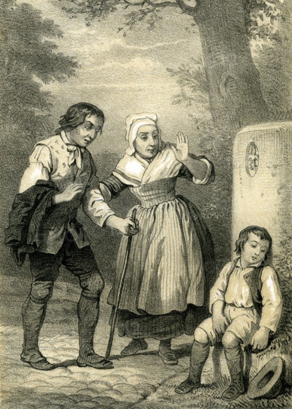 Young sleeping child, 19th century, hat, woman, man, walking stick, country side, walk