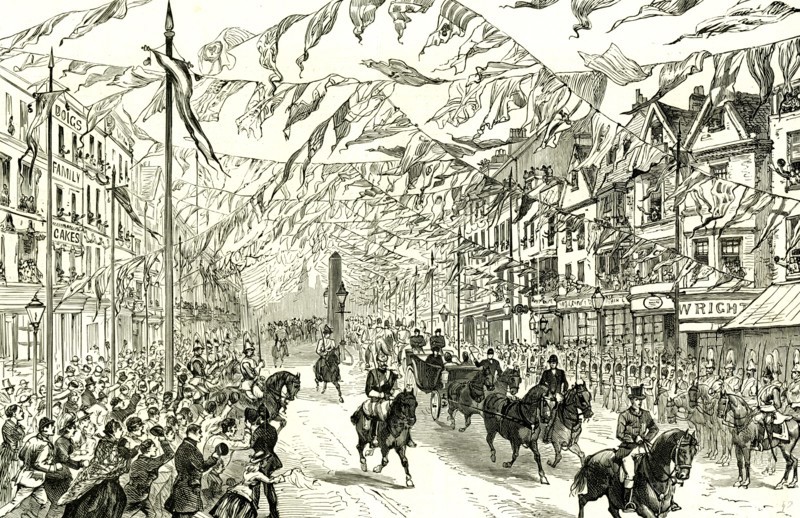 Whitechapel, London, U.K., 1887, Royal procession in High street, East London, horses, people, flags, event