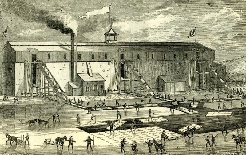 Ice Industry; U.S.A.; 1881; winter view of elevating ice into buildings