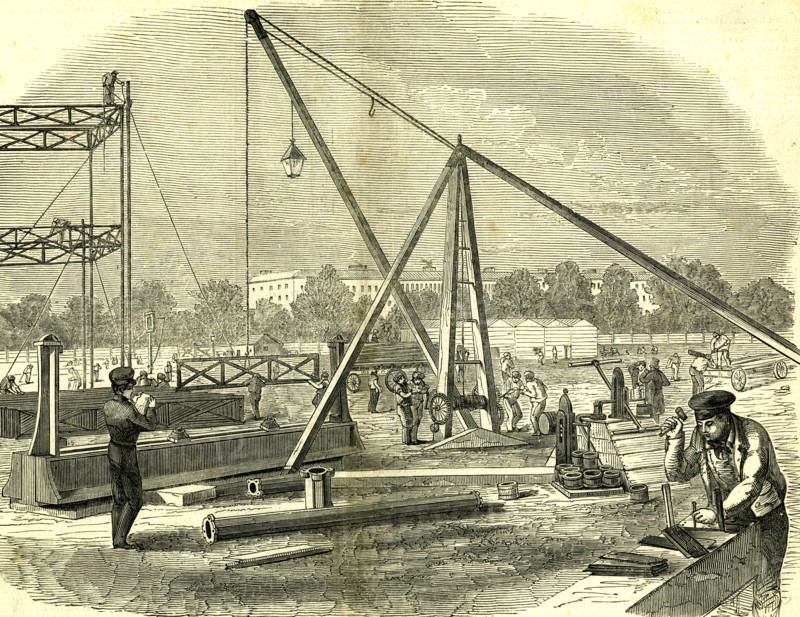 Hyde Park, London, 1850. The Great Exhibition building. Unloading girders