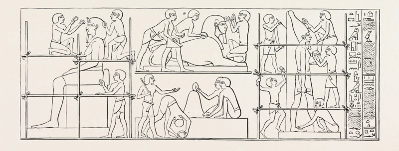 OLD EGYPTIAN REPRESENTATION OF THE MAKING OF TWO STATUES AND A SPHINX.  Egypt, engraving 1879