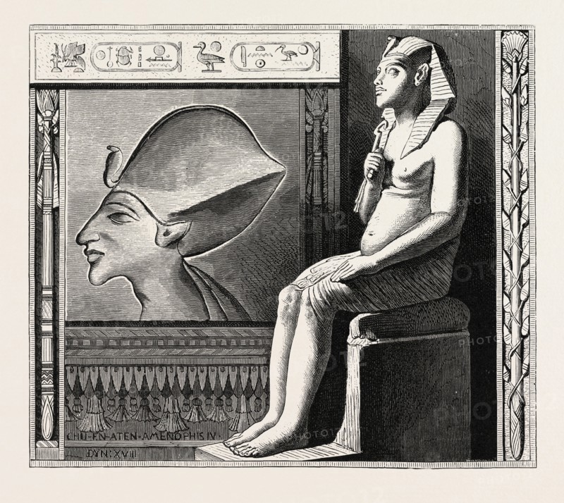 PORTRAIT STATUE AND RELIEF OF THE FANATICAL KING AMENOPHIS IV.  Egypt, engraving 1879