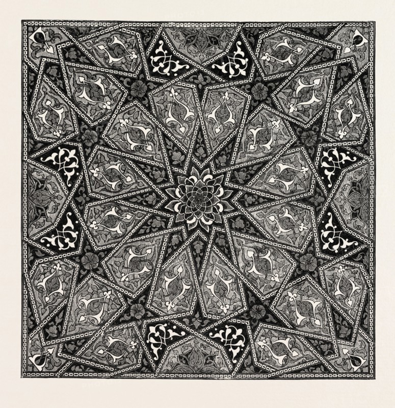 ORNAMENT FROM THE TITLE-PAGE OF AN OLD MANUSCRIPT OF THE KORAN,IN THE LIBRARY OF THE VICEROY AT CAIRO.  Egypt, engraving 1879