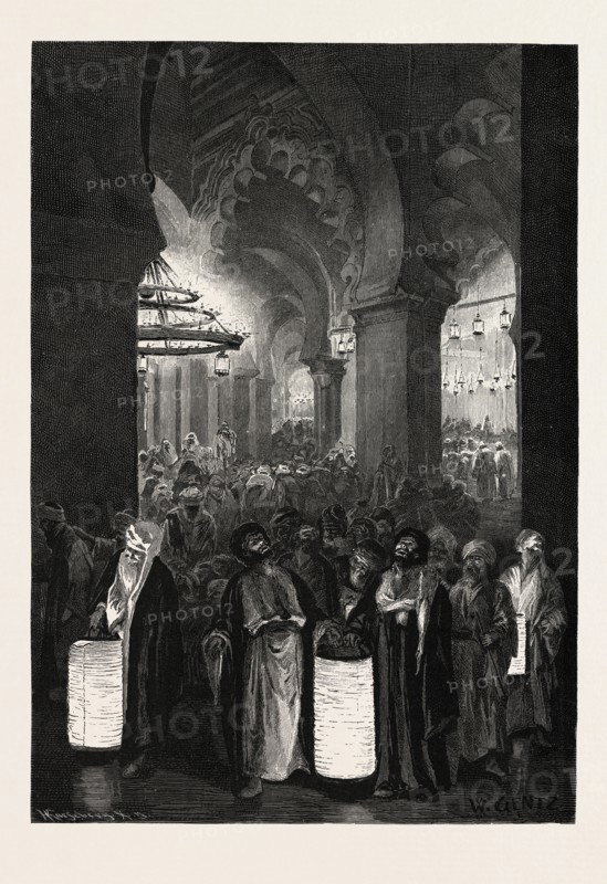 A NIGHT OF THE RAMADAN, THE HOUR OF PRAYER.  Egypt, engraving 1879
