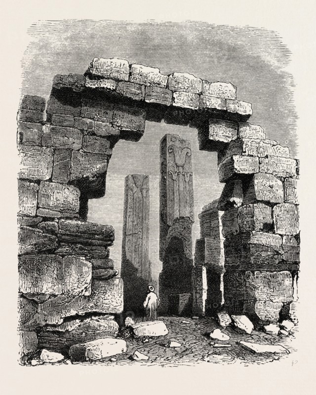 SCULPTURED PILLAR FROM THE TEMPLE OF KARNAK. Egypt, engraving 1879