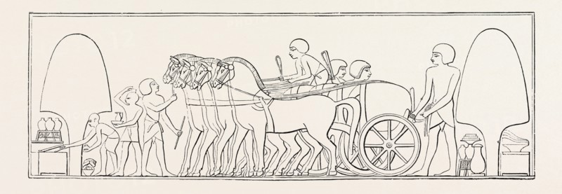 FOUR-HORSE CHARIOT OF A PRIVATE PERSON FROM ABD-EL-KURNAH. Egypt, engraving 1879