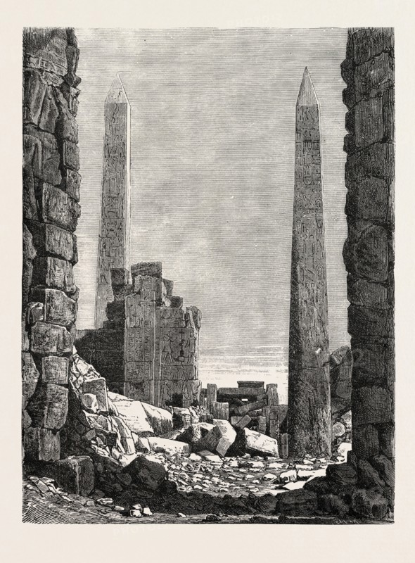 THE OBELISKS IN THE OLDEST PART OF KARNAK. Egypt, engraving 1879