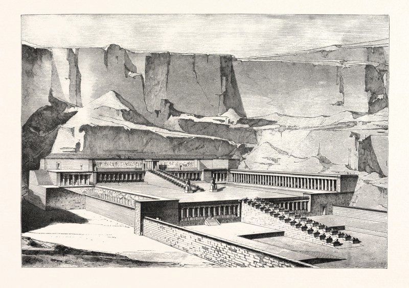 TEMPLE OF DEYR-EL-BAHREE, IMAGINARY RESTORATION, BY E. BRUNE. Egypt, engraving 1879