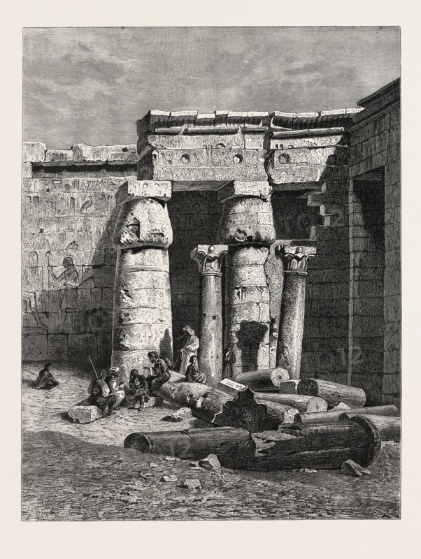 COURT WITH REMAINS OF A CHRISTIAN CHURCH AT MEDINET HABOO. Egypt, engraving 1879