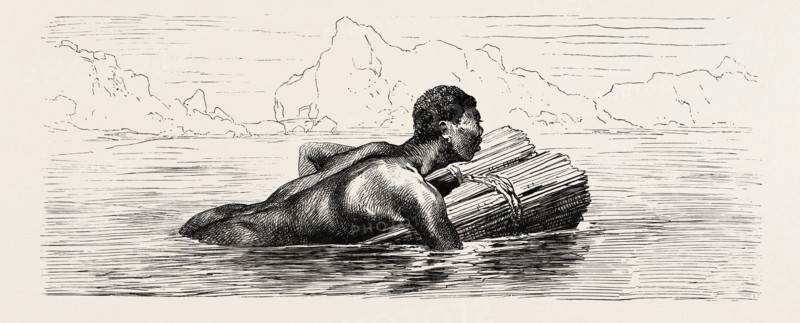 NUBIAN SWIMMING ON A BUNDLE OF REEDS. Egypt, engraving 1879