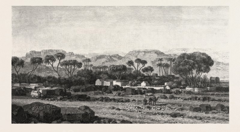 Village between Assouan and Philae. Egypt, engraving 1879