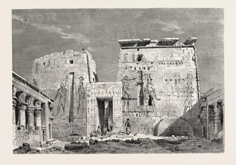 PERISTYLE IN THE TEMPLE OF ISIS ON THE ISLAN OF PHILAE. Egypt, engraving 1879