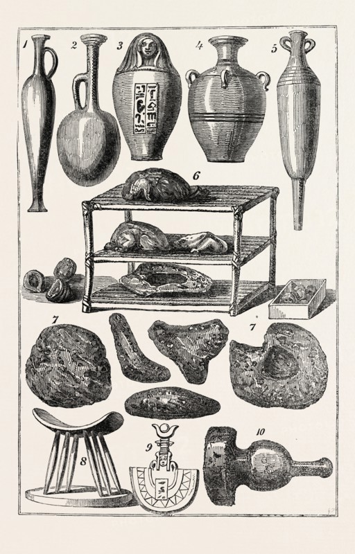 EGYPTIAN ANTIQUITIES: 1, 2, 3, 4,5. Bottles and Vases. 6. Prepared Funereal Feast, 7. Cakes. 8. Support for the Head., 9. Head of a Boat. 10: Mason's Mallet