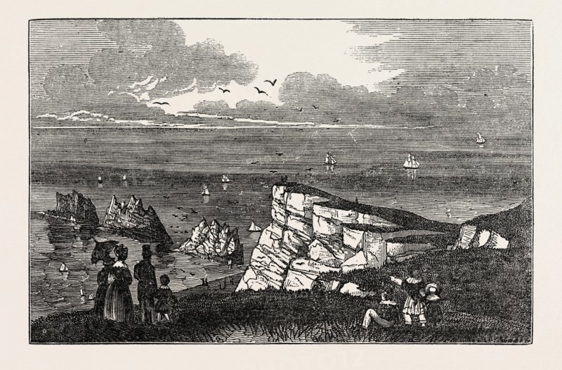 THE NEEDLES, AS SEEN FROM THE CLIFFS, a row of three distinctive stacks of chalk that rise out of the sea off the western extremity of the Isle of Wight, England