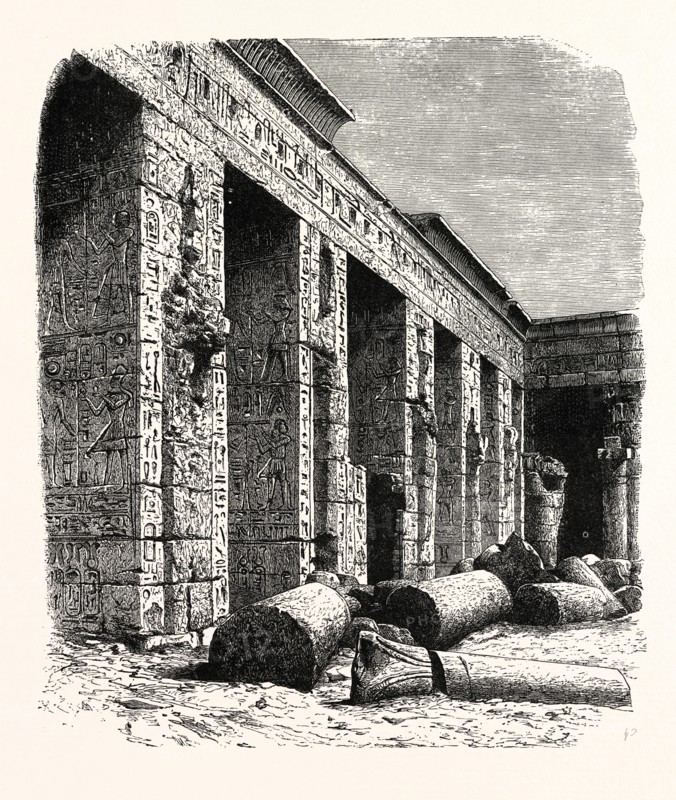 THE RUINS OF THE PALACE OF RAMESES III., AT MEDINET, UPPER EGYPT. Medinet Habu is an important Egyptian archaeological and tourist locality on the West Bank of the modern city of Luxor.
