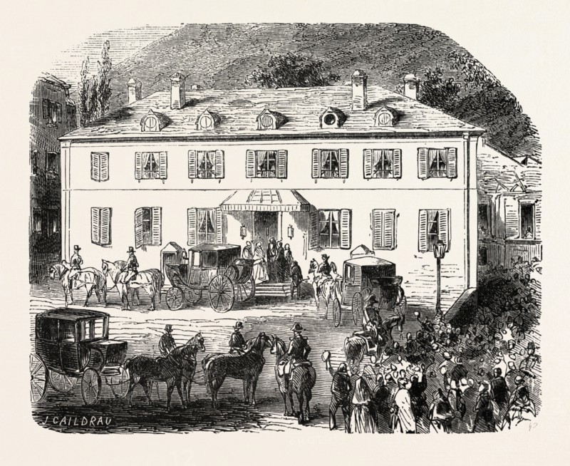 Arrival of the Empress at Government House. Eaux-Bonnes, Pyrenees-Atlantiques, France. engraving 1855