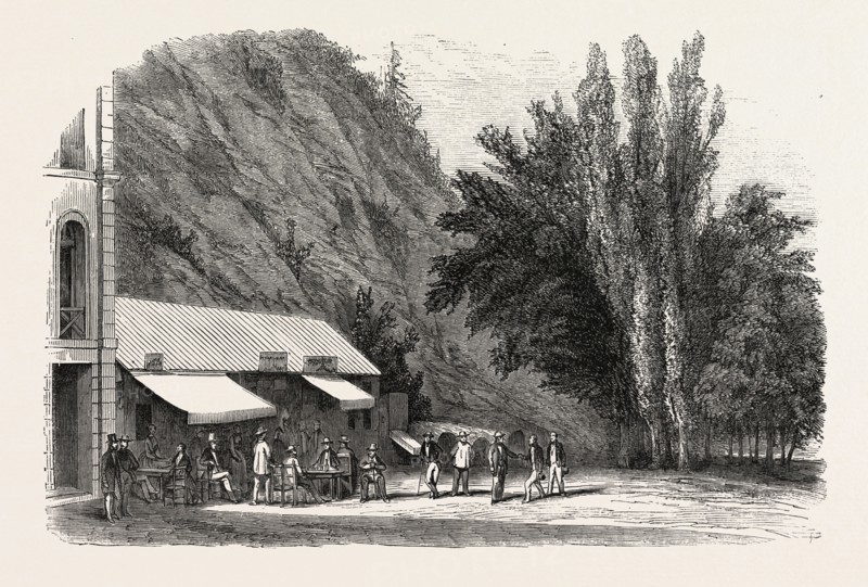The English Garden and coffee house Dorothee. Eaux-Bonnes, Pyrenees-Atlantiques, France. engraving 1855