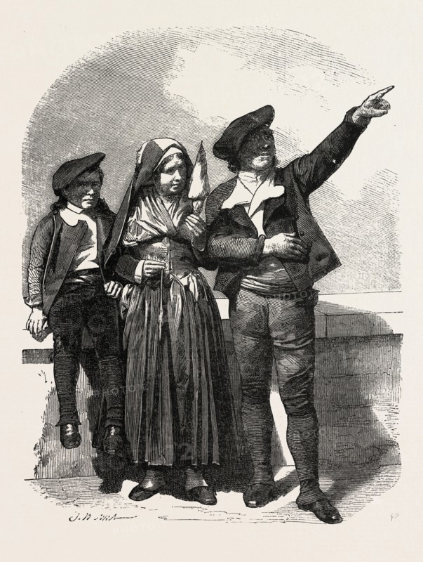 Pyrenean Mountaineers, France. engraving 1855