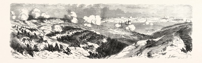The two columns of attack of the Mayran division, on the extreme right (Case Malakoff) Soldiers (left) General Mayran injured  (center)  Columns of Zouaves 3rd Regiment, and Marines (center) Voltigeurs of the Guard, 2nd Battalion, Reserve Division Mayran (right). engraving 1855