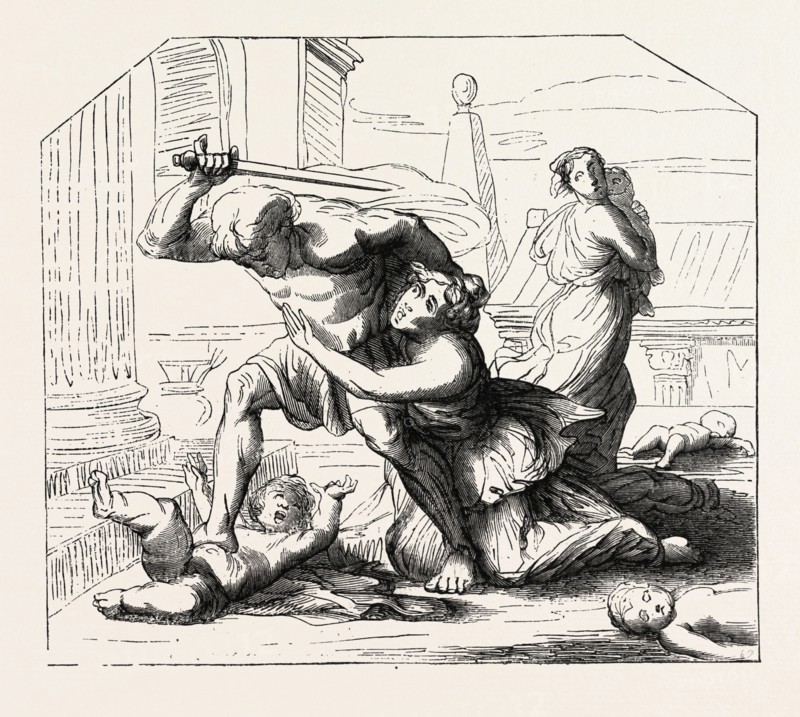 Massacre of the Innocents by Nicolas Poussin: Primitive  sketch. engraving 1855