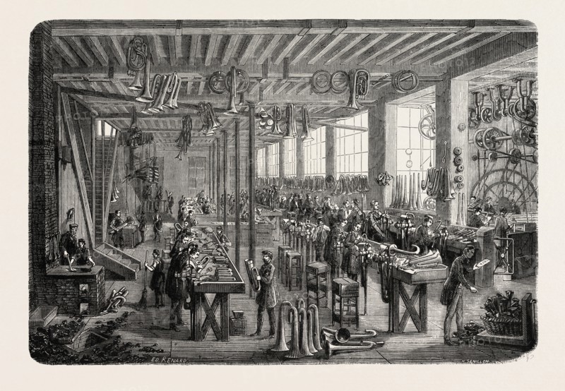 Workshop of wind instruments. engraving 1855
