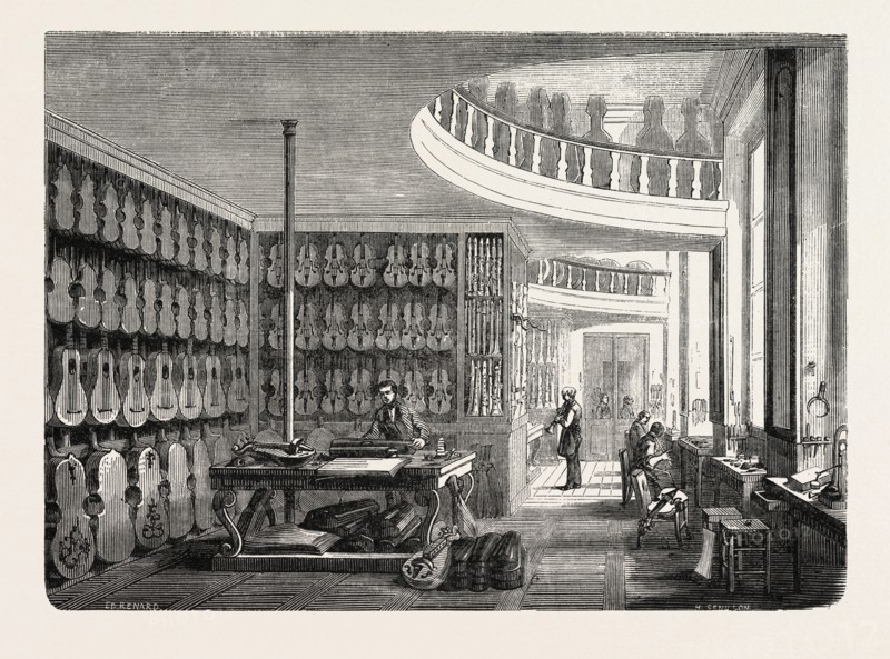Workshop for the manufacturing of woodwind instruments and string instruments in France. engraving 1855