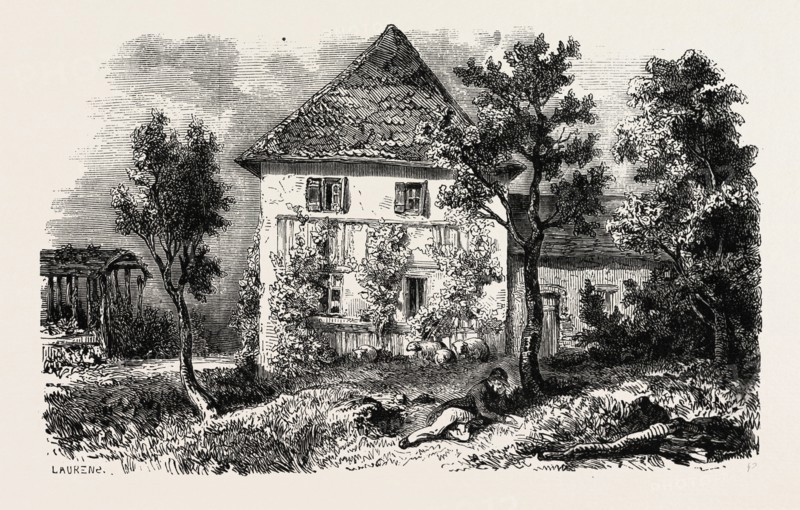 Country house in Lechwitz, formerly inhabited by C.M. Weber  and today by L. Richter. 1855. Czech republic, Engraving