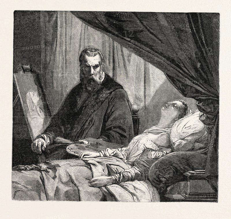Salon 1855. Tintoretto and his daughter. Painting by  m. Leon Cogniet. engraving 1855