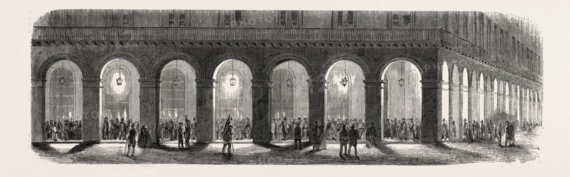 Subscribers to borrow 750 million at night, under the arches, and the day in the courtyard of the Ministry of Finance. France. engraving 1855