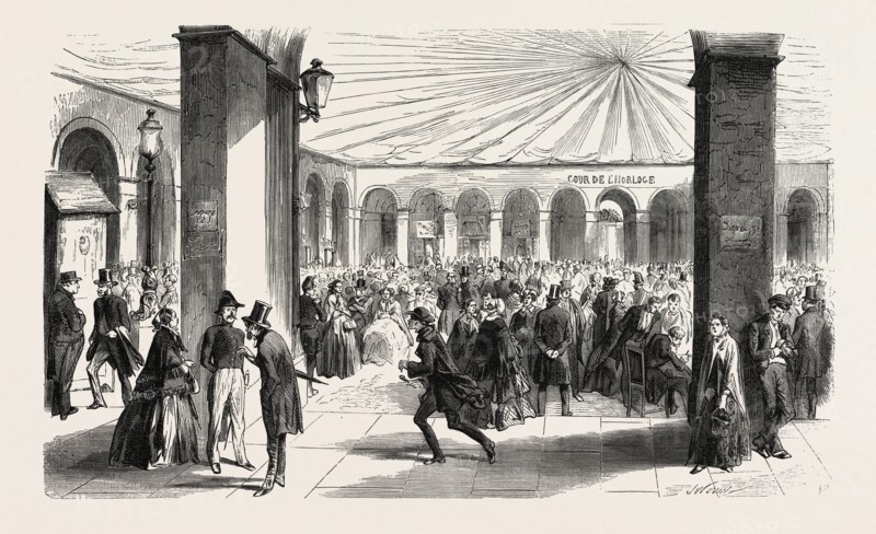Subscribers to borrow 750 million at night, under the arches, and the day in the courtyard of the Ministry of Finance. France. engraving 1855