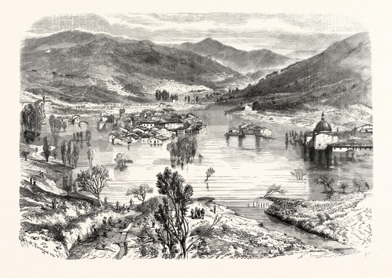 Flooding of the city of San Stefano in Tuscany, Italy. engraving 1855