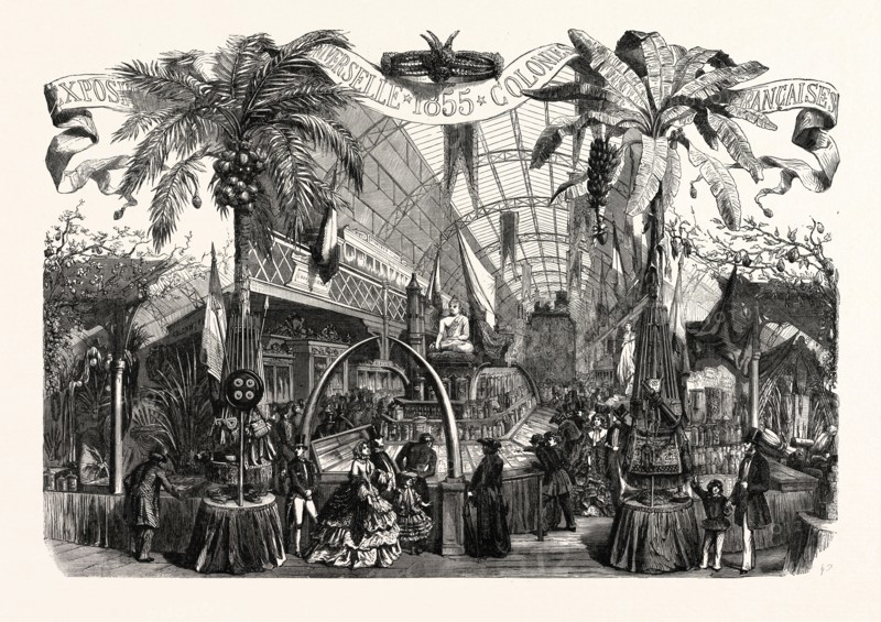 Industry Exhibition universal. Products of the French colonies. Paris, France, Exposition Universelle. An international Exhibition held on the Champs-Elysees in 1855, consisting of an industrial and an beaux Arts exposition. Engraving