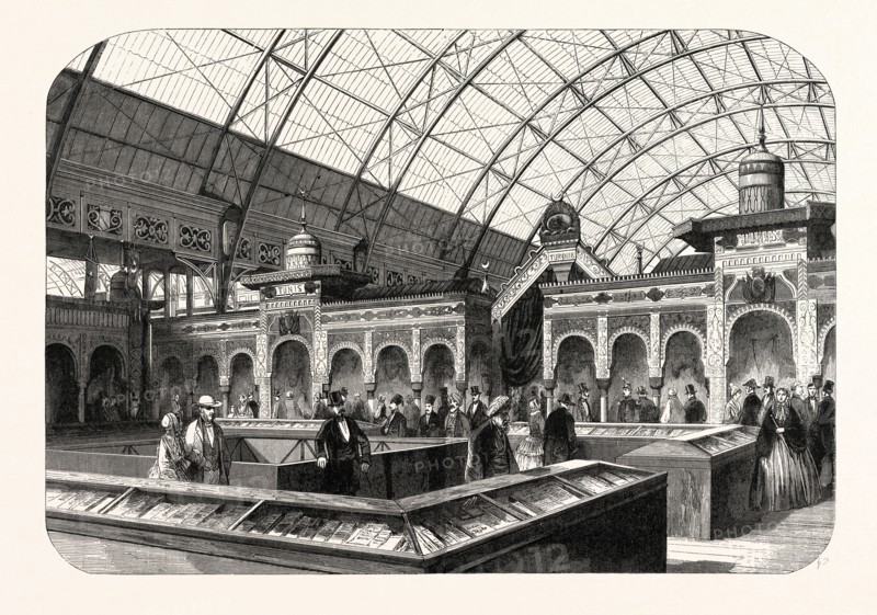 Industry Exhibition universal. The oriental products. Paris, France, Exposition Universelle. An international Exhibition held on the Champs-Elysees in 1855, consisting of an industrial and an beaux Arts exposition. engraving 1855