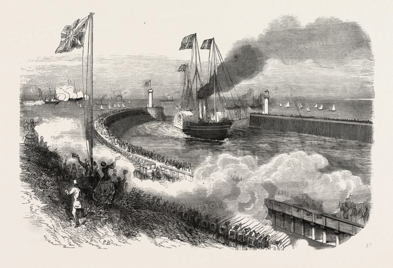 Entrance of the Queen of England in the port of Boulogne, on board the yacht Victoria and Albert, France. Queen Victoria. engraving 1855